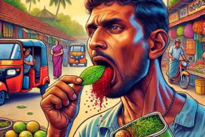 scène typique dune rue sri lankaise avec un homme mâchant du Paan