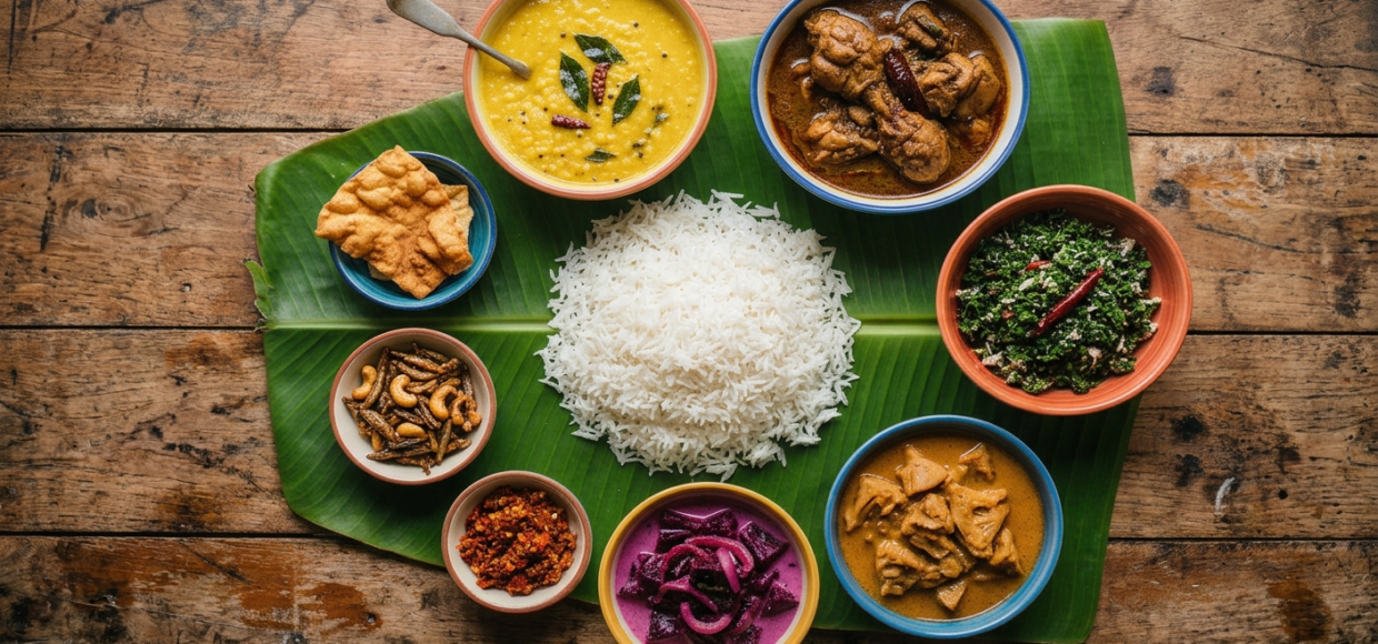 Vue de dessus dun repas traditionnel sri lankais de riz et curry servi sur une feuille de bananier sur une table en bois rustique