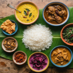 Vue de dessus dun repas traditionnel sri lankais de riz et curry servi sur une feuille de bananier sur une table en bois rustique