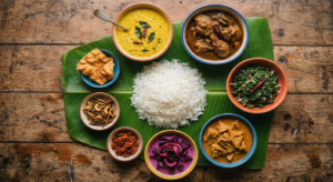 CuisineduSriLanka Sri Lanka Vue de dessus daposun repas traditionnel sri lankais de riz et curry servi sur une feuille de bananier sur une table en bois rustique