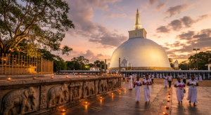 A wide angle landscape photograph capturing the illuminated Ruwanwelisaya stupa in Anuradhapura Sri Lanka during sunset White clad devotees with offerings walk along a lamp lit path next to a detailed elephant carved wall and a sacred Bodhi tree under a colorful twilight sky