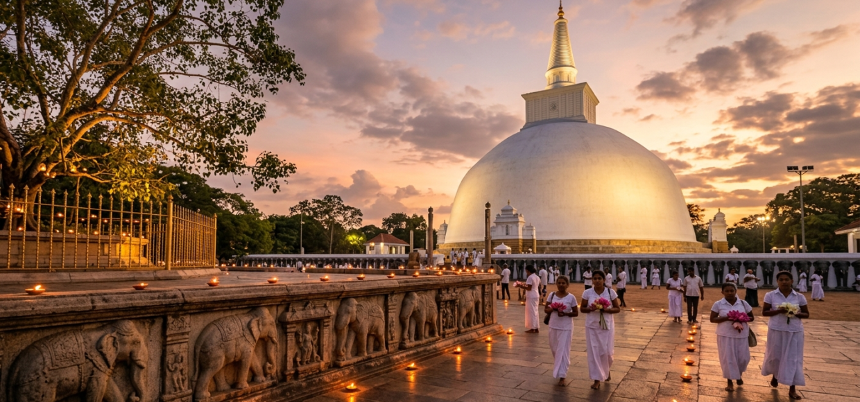 Une photographie de paysage en grand angle capturant le stupa Ruwanwelisaya illuminé à Anuradhapura au Sri Lanka pendant le coucher du soleil Des dévots vêtus de blanc avec des offrandes marchent le long dun chemin éclairé par des lampes à côté dun mur détaillé sculpté déléphants et dun arbre Bodhi sacré sous un ciel crépusculaire coloré