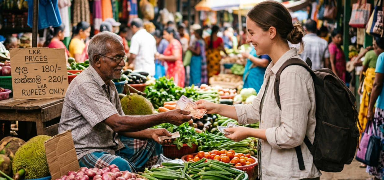 Une voyageuse payant un marchand sri lankais en billets et recevant de la monnaie dans un marché de légumes coloré à Kandy