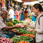 Une voyageuse payant un marchand sri lankais en billets et recevant de la monnaie dans un marché de légumes coloré à Kandy