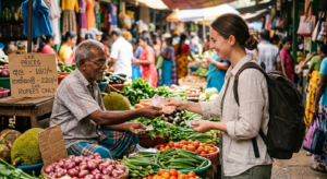 PayerauSriLanka Sri Lanka Une voyageuse payant un marchand sri lankais en billets et recevant de la monnaie dans un marché de légumes coloré à Kandy