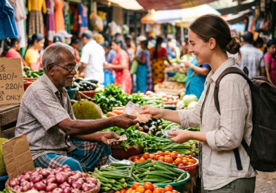 Une voyageuse payant un marchand sri-lankais en billets et recevant de la monnaie dans un marché de légumes coloré à Kandy.