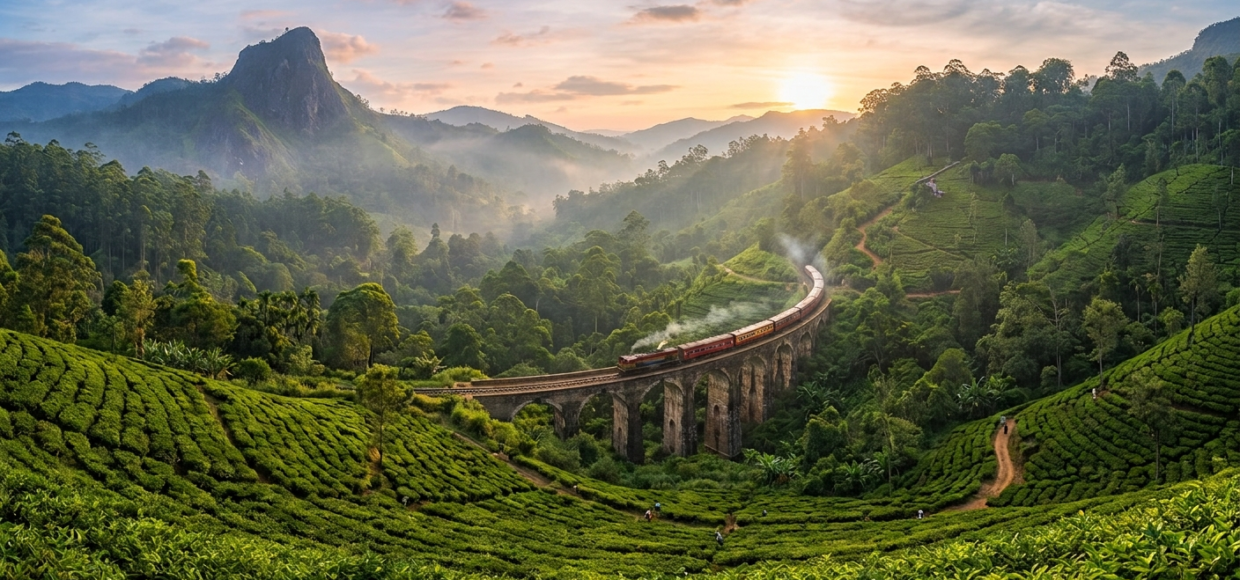 Une photographie de paysage grand angle du Pont aux Neuf Arches à Ella Sri Lanka au lever du soleil Un train traverse le viaduc en pierre à travers de profondes plantations de thé et des montagnes couvertes de jungle y compris Ella Rock