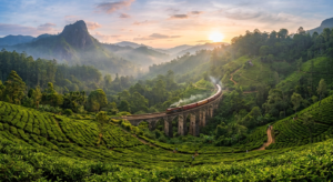 QuefaireElla Sri Lanka Une photographie de paysage grand angle du Pont aux Neuf Arches à Ella Sri Lanka au lever du soleil Un train traverse le viaduc en pierre à travers de profondes plantations de thé et des montagnes couvertes de jungle y compris Ella Rock