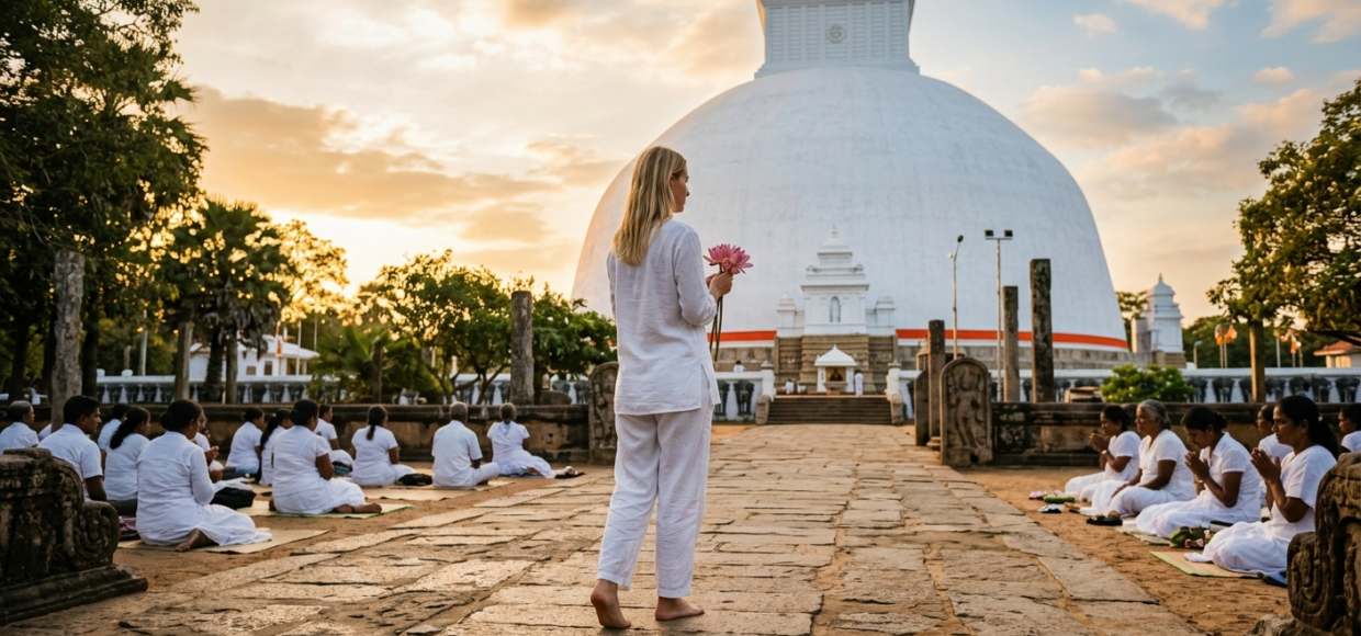 Une voyageuse blonde en vêtements de lin blanc marche pieds nus vers un grand stupa blanc dagoba pendant lheure dorée tenant une offrande de fleur de lotus pendant que des dévots locaux prient