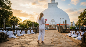 Règlesetcoutumes Sri Lanka Une voyageuse blonde en vêtements de lin blanc marche pieds nus vers un grand stupa blanc dagoba pendant laposheure dorée tenant une offrande de fleur de lotus pendant que des dévots locaux prient