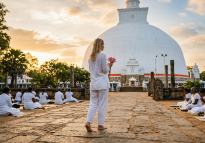 Une voyageuse blonde en vêtements de lin blanc marche pieds nus vers un grand stupa blanc (dagoba) pendant l'heure dorée, tenant une offrande de fleur de lotus, pendant que des dévots locaux prient.
