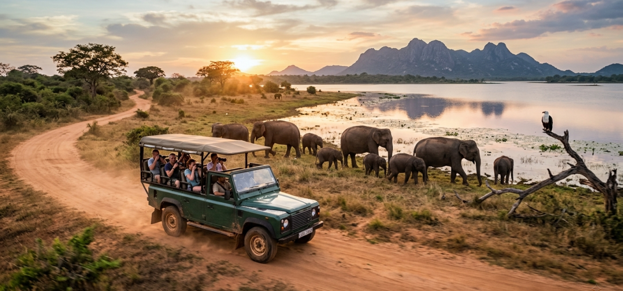 Une photographie de paysage grand angle dun safari aux éléphants dans le parc national dUdawalawe au Sri Lanka au coucher du soleil Une jeep 4x4 verte avec des voyageurs roule sur une route en terre à côté dun grand troupeau déléphants dAsie près dun réservoir Des montagnes dentelées et un ciel réaliste de coucher de soleil doré sont en arrière plan avec un aigle pêcheur sur un tronc mort