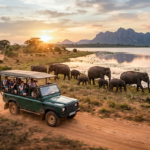 Une photographie de paysage grand angle dun safari aux éléphants dans le parc national dUdawalawe au Sri Lanka au coucher du soleil Une jeep 4x4 verte avec des voyageurs roule sur une route en terre à côté dun grand troupeau déléphants dAsie près dun réservoir Des montagnes dentelées et un ciel réaliste de coucher de soleil doré sont en arrière plan avec un aigle pêcheur sur un tronc mort