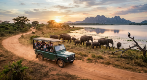 Une photographie de paysage grand angle daposun safari aux éléphants dans le parc national daposUdawalawe au Sri Lanka au coucher du soleil Une jeep 4x4 verte avec des voyageurs roule sur une route en terre à côté daposun grand troupeau daposéléphants daposAsie près daposun réservoir Des montagnes dentelées et un ciel réaliste de coucher de soleil doré sont en arrière plan avec un aigle pêcheur sur un tronc mort