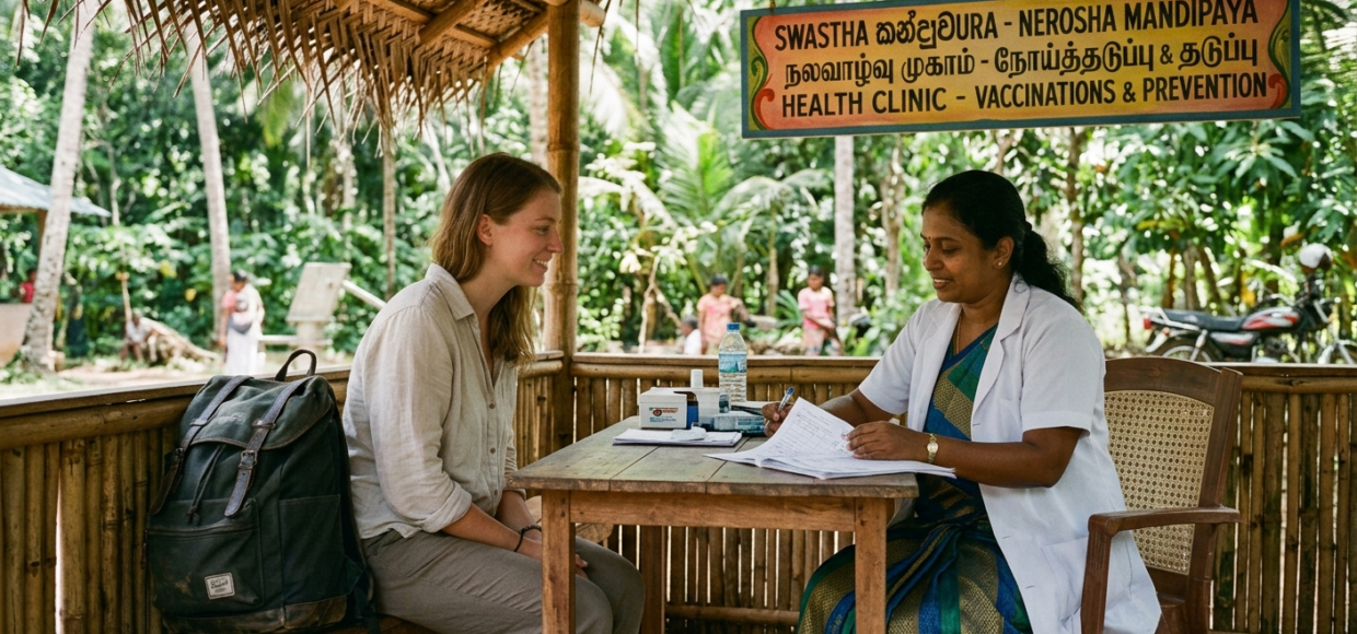 A Sri Lankan doctor in a white coat reviews medical forms with a female traveler at a rural outdoor clinic