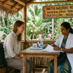 A Sri Lankan doctor in a white coat reviews medical forms with a female traveler at a rural outdoor clinic