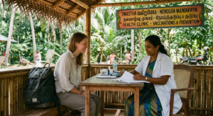 Une médecin sri lankaise en blouse blanche consulte des documents médicaux avec une voyageuse dans une clinique rurale