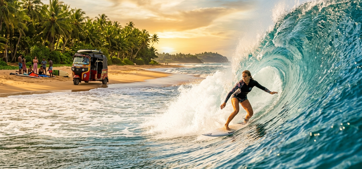 Une photographie candide au téléobjectif capturant une surfeuse surfant sur une puissante vague tubulaire turquoise et vitreuse Des embruns brillants sont figés dans lair autour delle Loin en arrière plan considérablement floue et plus petite se trouve la plage sri lankaise avec le groupe de personnes et le tuk tuk rouge et jaune avec des planches de surf sur le toit La scène est baignée par la riche et chaude lueur dorée dun coucher de soleil