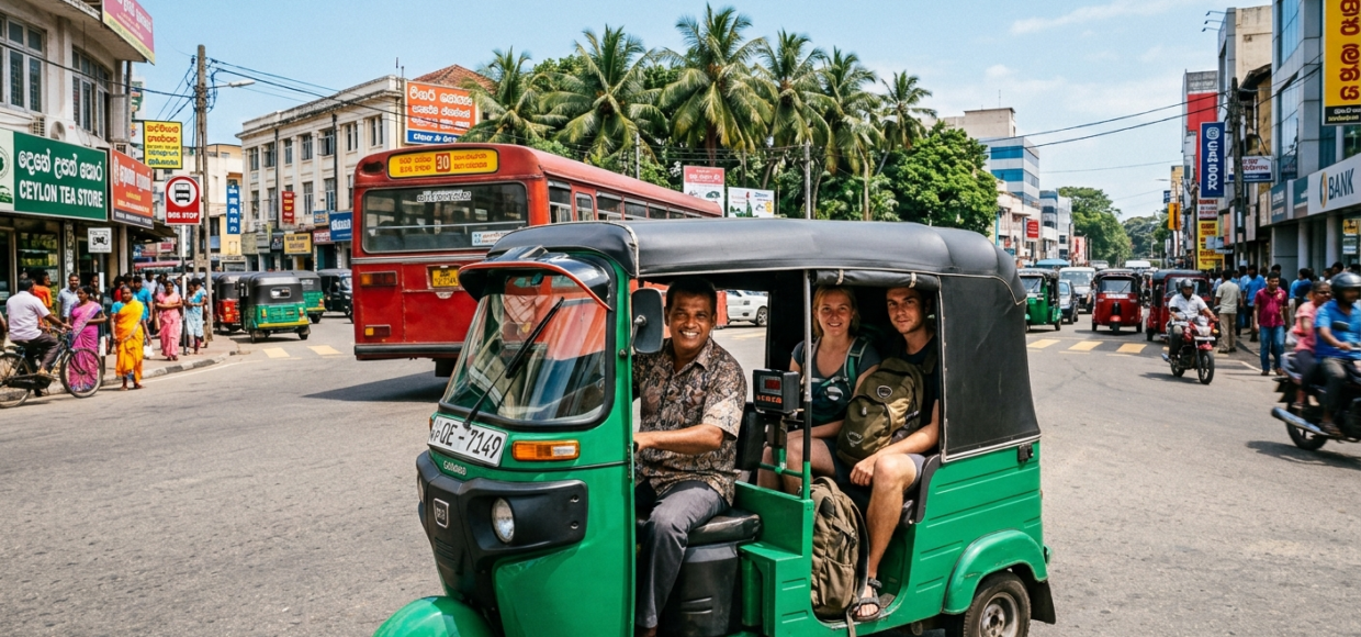 Un tuk tuk vert transportant deux touristes conduit par un chauffeur local dans une rue animée de Colombo Sri Lanka