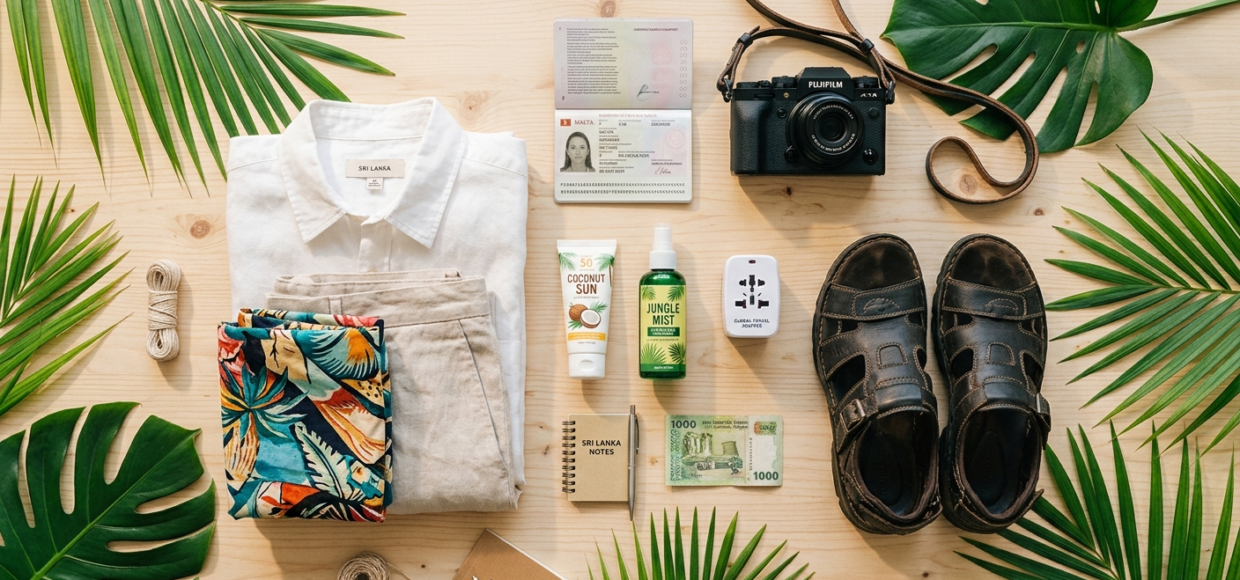 Vue à plat de dessus sur une surface en bois clair présentant les essentiels de voyage pour le Sri Lanka incluant vêtements en lin appareil photo passeport et feuilles tropicales