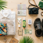 Vue à plat de dessus sur une surface en bois clair présentant les essentiels de voyage pour le Sri Lanka incluant vêtements en lin appareil photo passeport et feuilles tropicales