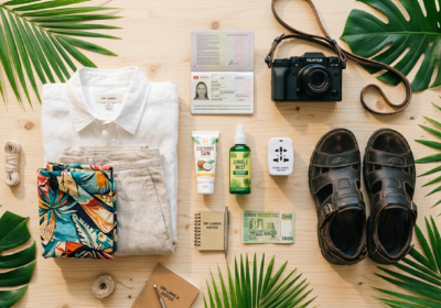 Vue à plat de dessus sur une surface en bois clair présentant les essentiels de voyage pour le Sri Lanka, incluant vêtements en lin, appareil photo, passeport et feuilles tropicales.