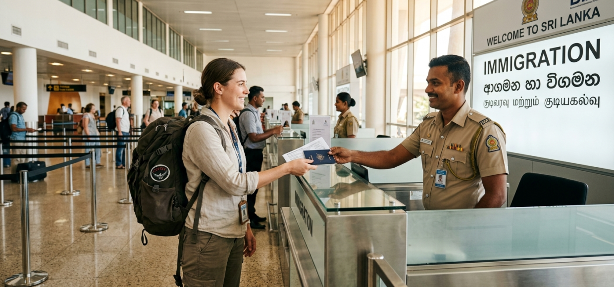 Une voyageuse avec un sac à dos remet son passeport à un agent dimmigration sri lankais à laéroport international de Bandaranaike à Colombo