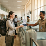Une voyageuse avec un sac à dos remet son passeport à un agent dimmigration sri lankais à laéroport international de Bandaranaike à Colombo