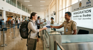 VisaSriLanka Sri Lanka Une voyageuse avec un sac à dos remet son passeport à un agent daposimmigration sri lankais à laposaéroport international de Bandaranaike à Colombo