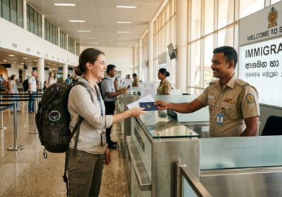 Une voyageuse avec un sac à dos remet son passeport à un agent d'immigration sri-lankais à l'aéroport international de Bandaranaike à Colombo.