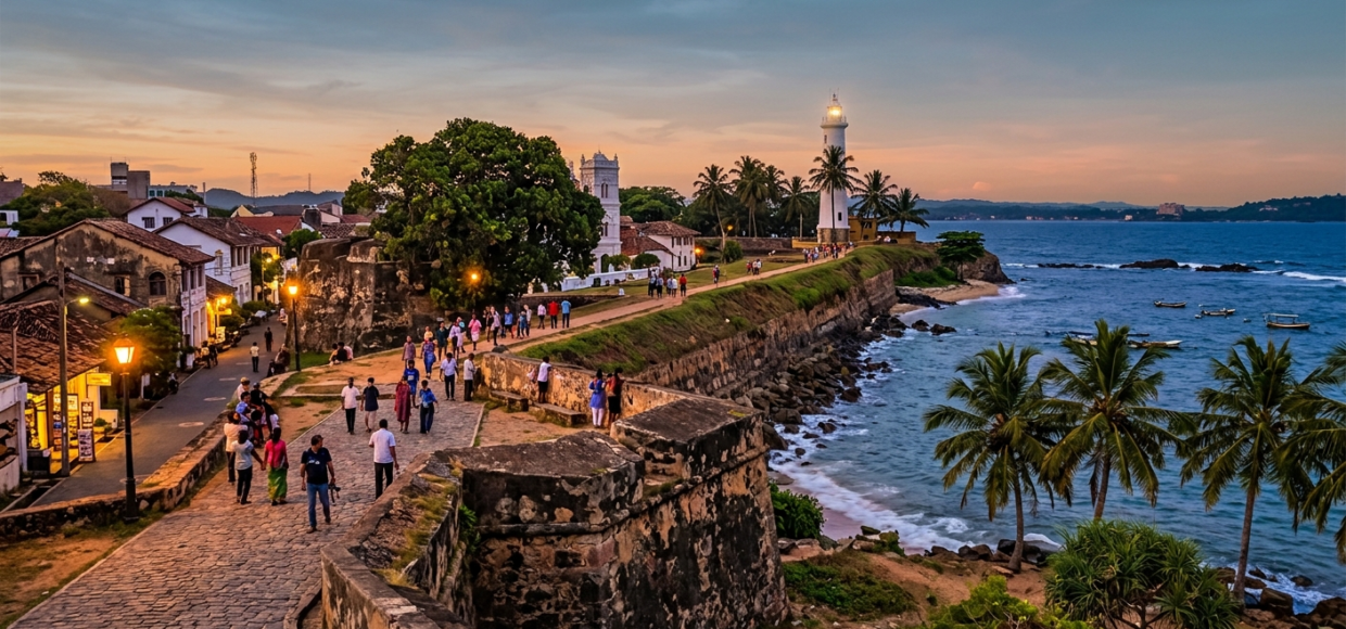 Une photographie de paysage grand angle du Fort de Galle au Sri Lanka au coucher du soleil Les remparts historiques en pierre serpentent le long de la côte avec le phare blanc sur un promontoire et la vieille ville hollandaise sur la gauche
