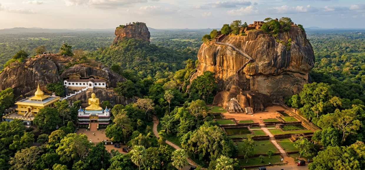 Une vue aérienne du Triangle Culturel du Sri Lanka mettant en valeur la forteresse rocheuse de Sigiriya entourée dune jungle luxuriante ainsi que les statues dorées et temples troglodytes de Dambulla