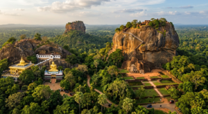 Une vue aérienne du Triangle Culturel du Sri Lanka mettant en valeur la forteresse rocheuse de Sigiriya entourée daposune jungle luxuriante ainsi que les statues dorées et temples troglodytes de Dambulla