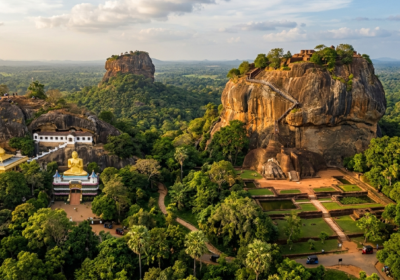 Une vue aérienne du Triangle Culturel du Sri Lanka, mettant en valeur la forteresse rocheuse de Sigiriya entourée d'une jungle luxuriante ainsi que les statues dorées et temples troglodytes de Dambulla