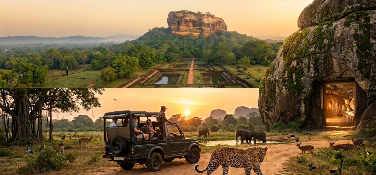 Sigiriya Rock Fortress standing above Sri Lankas lush green jungle landscape under a soft morning sky
