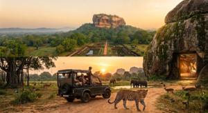 Yala parc Sri Lanka Sigiriya Rock Fortress standing above Sri Lankaaposs lush green jungle landscape under a soft morning sky
