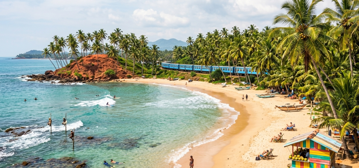 Vue panoramique dune plage tropicale au Sri Lanka avec du sable doré des cocotiers sur une colline rouge des pêcheurs sur échasses et locéan Indien turquoises