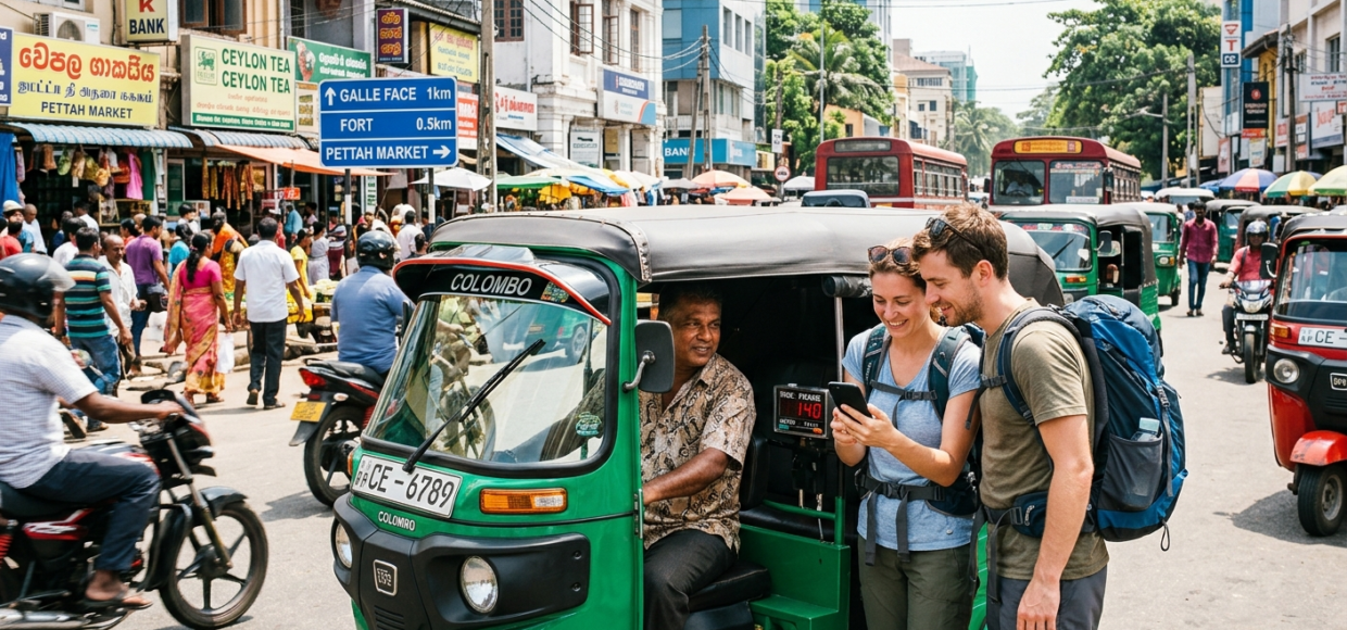 Des touristes regardent un smartphone à côté dun tuk tuk vert à un croisement animé à Colombo Sri Lanka