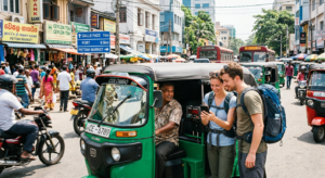 Des touristes regardent un smartphone à côté daposun tuk tuk vert à un croisement animé à Colombo Sri Lanka