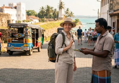 A female tourist with a backpack politely waves her hand to decline a map offered by a local man in sarong on a paved street of Galle Fort, Sri Lanka, with a colorful tuk-tuk and lighthouse in the background.